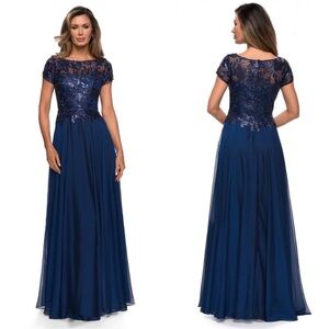 NWT La Femme 27924 Navy Sequined Lace A-Line Gown Maxi Dress Size 10